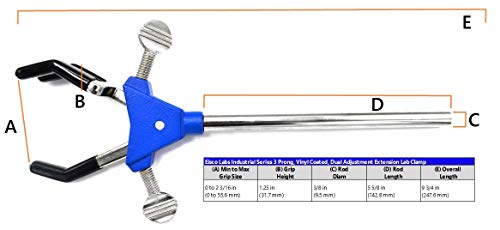EISCO 3 Finger, Vinyl Coated Dual Adjustable Extension Clamp on Stainless Steel Rod - 2.3" Max Clamp Opening, 5" Rod - Powder Coated Zinc Alloy - Research, Industrial Laboratory Grade
