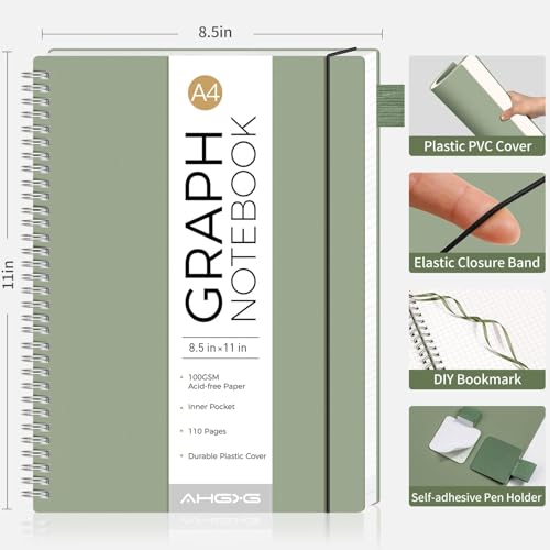 AHGXG Spiral Graph Paper Notebook, 110 Pages, A4 (8.5" x 11") - color: Sage Green, style: A4-Graph