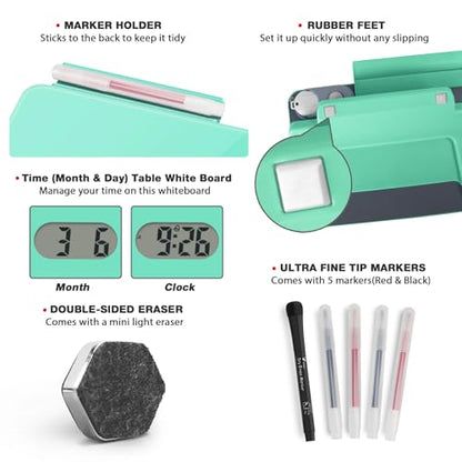 Small Glass Desktop Whiteboard with Clock, Mini Pure Glass Dry-Erase, Mint - color: Clock Mint