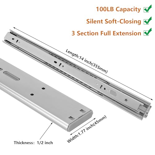 LONTAN 6 Pairs 14 Inch Soft Close Drawer Slides Heavy Duty 100lb Capacity - size: 14 Inch