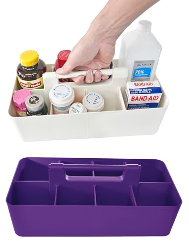 Portable Caddy Organizer -2 Stackable Plastic Caddy with Handle | Desk, Makeup, Dorm Caddy, Classroom Art Organizers (Made In Usa) (Ivory/Royal Purple) - color: Ivory / Royal Purple