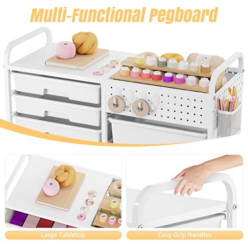 14 Drawer Rolling Storage Cart with Tabletop and Pegboard for Crafts White - color: White