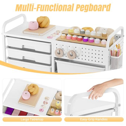 14 Drawer Rolling Storage Cart with Tabletop and Pegboard for Crafts White - color: White