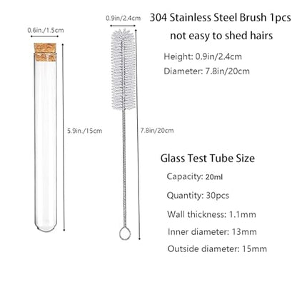 30pcs 20ml Glass Test Tubes 15 x 150mm with Cork Stoppers and Brush for Scientific Experiments and Plant Propagation Test Tubes - size: 15X150mm/20ml 30pcs