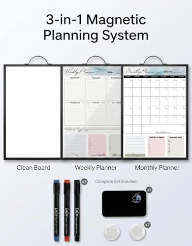 Magnetic Dry Erase Board 12x16 with Handle, Double Sided Portable Black Whiteboard for Home, Office, School & Kitchen, Includes Weekly & Monthly Magnetic Planner Sheets - style: Black Handle + Planner