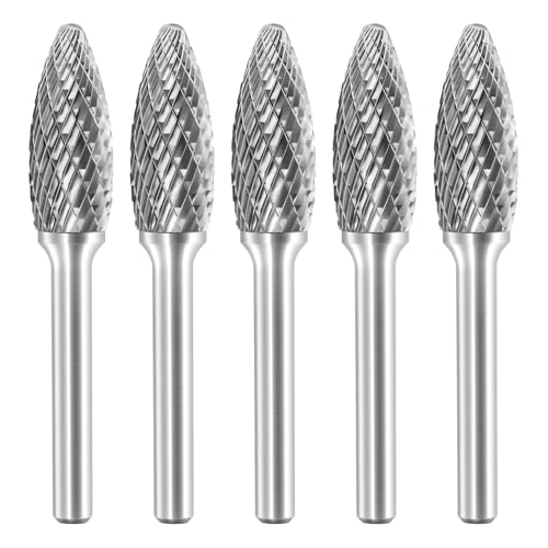 SH-5 Tungsten Carbide Burr Rotary File Flame Shape Double Cut with 1/4''Shank for Die Grinder Drill Bit - 5 Pcs - style: 5pcs SH-5