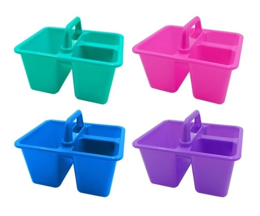 Mini Supply Caddy, School and Art Storage Organizer, 4 Pack Plastic Storage Bins in Bright Colors, Purple, Pink, Blue, Turquoise Plus Bonus Item.