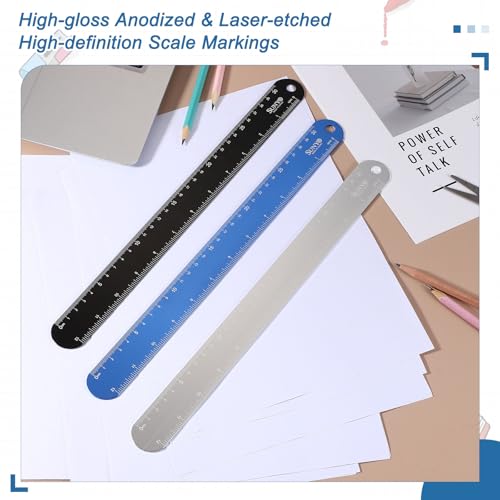HARFINGTON 2pcs Metal Straight Ruler 12"+6" Metric SAE Silver White - color: Silver White