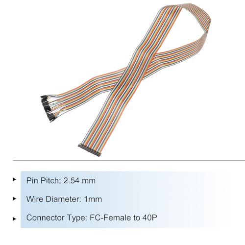 MECCANIXITY 1 Pcs IDC Rainbow Wire Flat Ribbon Cable FC-Female to 40P 39.3 Inch Length 2.54mm Pitch Breadboard Jumper Wires for Electronic Projects - size: 39.3 Inch, style: 40 Pin
