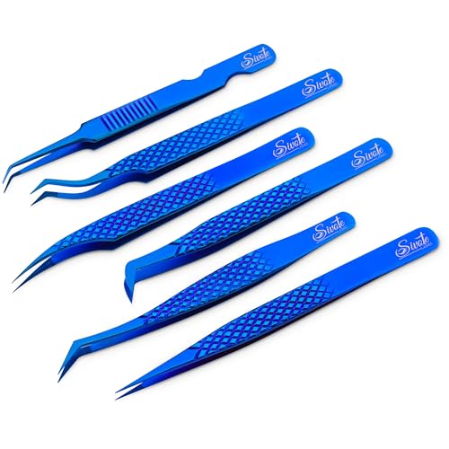 Eyelash Extension Tweezers Set of 6, Japanese Steel, Blue - color: Blue