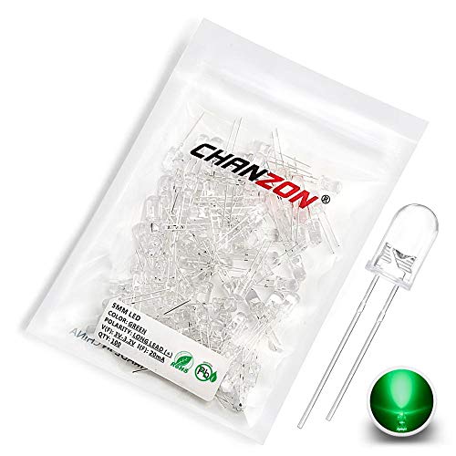 CHANZON 100 pcs 5mm Green LED Diode Lights(DC 3V 20mA) - color: D) Green, size: 5mm Round Top