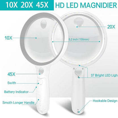 Large Magnifying Glass with 37 LED Light, 10X 20X 45X Handheld Illuminated - color: Grey & White, size: Magnifier with Light (No Case)