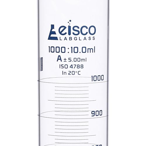Graduated Cylinder, 1000ml - Class A Tolerance ±5.00ml - Round Base - Blue Graduations - Borosilicate 3.3 Glass - Eisco Labs - size: 1000mL