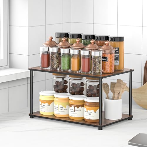 Countertop Spice Rack, Stackable Wood & Metal Pantry Cabinet Shelf Organizer Storage, 2-Tier Multi-Use for Kitchen Bathroom Desktop Home Office, Rustic Brown - size: 2 Tier