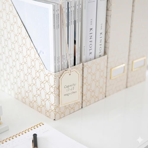 BLU MONACO | Cardboard Magazine File Holder Set of 4 | Vertical Magazine File Holder for Desk and Shelves | Cream Gold Foldable Magazine Holders with Label Slots - color: Cream Gold Woven