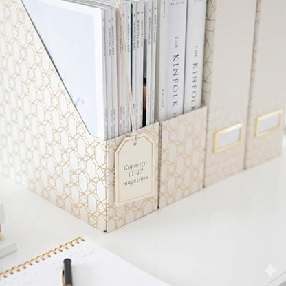 BLU MONACO | Cardboard Magazine File Holder Set of 4 | Vertical Magazine File Holder for Desk and Shelves | Cream Gold Foldable Magazine Holders with Label Slots - color: Cream Gold Woven