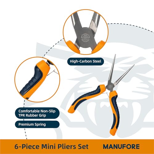MANUFORE 6-Piece Mini Pliers Set for Precision Cutting, Gripping, Twisting