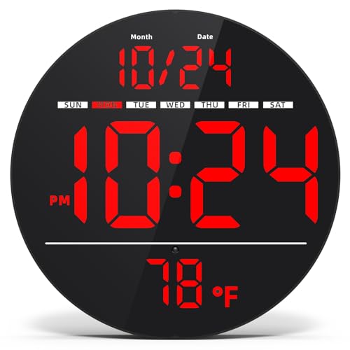 Digital Wall Clock with Large LED Display, Date, Temperature, Auto-Brightness | Small [PLUG-IN] Clock | Modern Electric Wall Clock for Bedroom, Classroom, Living Room, Home, Office, Farmhouse – Red - color: Red