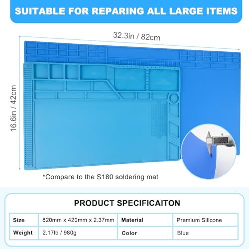 Extra Large Soldering Mat, 32.3’’x16.6’’ Large Silicone Solder Mat, 932℉ Heat Resistant Mat, Large Repair Workbench Pad for Board Circuit, Phone Watch Laptop Repair, Engineering Projects (Blue) - color: Blue