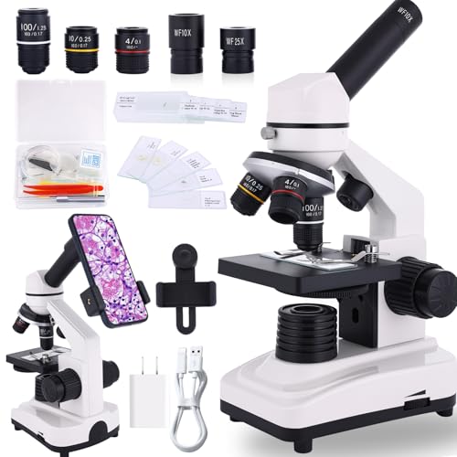 Microscope for Adults & Kids, 40X-2500X High-Power Compound Microscope for Students, School Lab & Home Schooling,Equiped with Slides Set & Phone Holder (White) - color: white