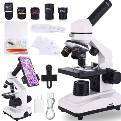 Microscope for Adults & Kids, 40X-2500X High-Power Compound Microscope for Students, School Lab & Home Schooling,Equiped with Slides Set & Phone Holder (White) - color: white