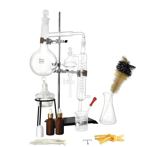 Home Distiller Distilling to Making Your Own Essential Oil, Moonshine, 3.3 Boro Alcohol Distiller Chemistry Lab Glassware Kit,Glass Distilling,Distillation Apparatus 15pcs Set, 500 ML