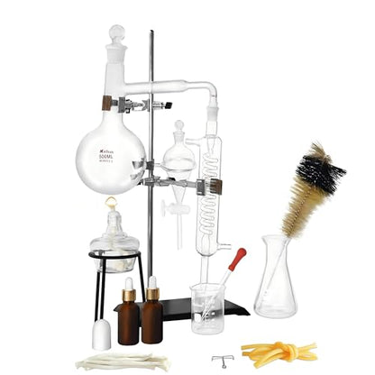 Home Distiller Distilling to Making Your Own Essential Oil, Moonshine, 3.3 Boro Alcohol Distiller Chemistry Lab Glassware Kit,Glass Distilling,Distillation Apparatus 15pcs Set, 500 ML