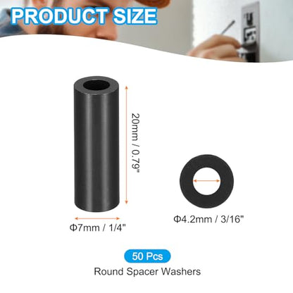 PATIKIL 50Pcs ABS Spacers 4mm ID, 7mm OD, 20mm Height Plastic Round Stud Spacer Black Nylon Washers Nut Unthreaded Rubber for M4 Screws Bolts Barrel - size: 4mm ID, 7mm OD, 20mm Height