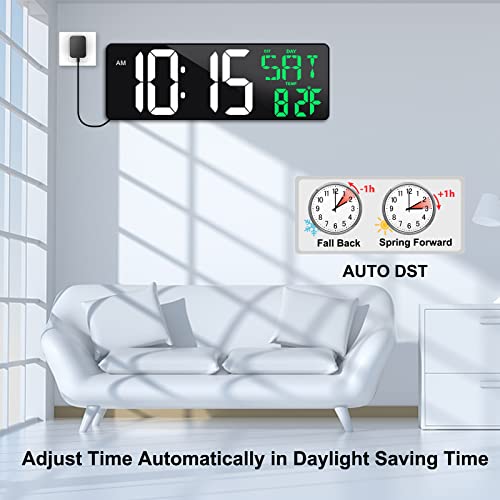 17" Large Digital Wall Clock with Remote, Auto Dimmer, Date Temp, Timer - color: Green + White