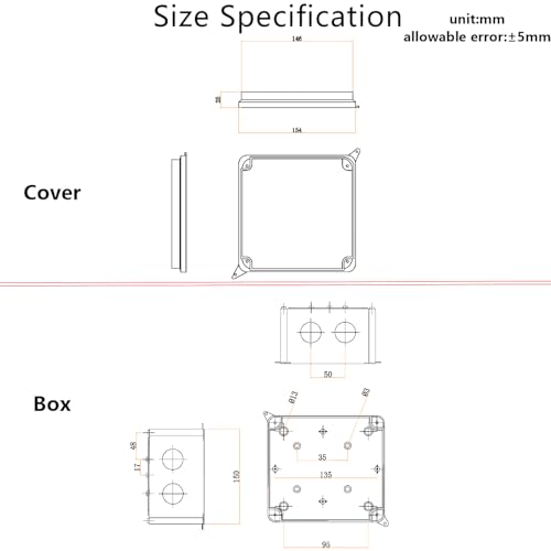 Outdoor Waterproof Box,Junction Box Reserved Holes IP65 ABS Plastic Electrical Boxes Power Cord Enclosure Project Box Black Outer Size 5.9 x 5.9 x 2.8 inch(150x150x70mm) - size: 5.9" x 5.9" x 2.8"