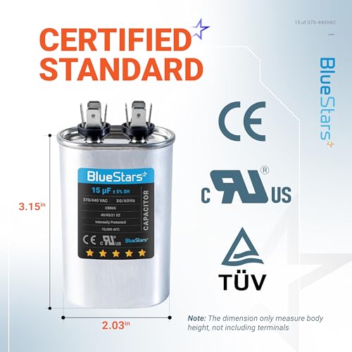 [UL Listed] BlueStars 15 uF MFD 370-440V Oval Run Capacitor CBB65 - size: 15 MFD