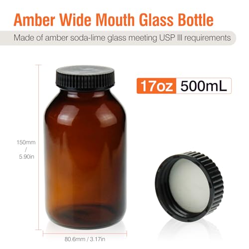 PEKYBIO 12 Pack 500ML Amber Glass Wide Mouth Packer Bottle with Cap - size: 500 mL (16 fl oz) Packer Bottle