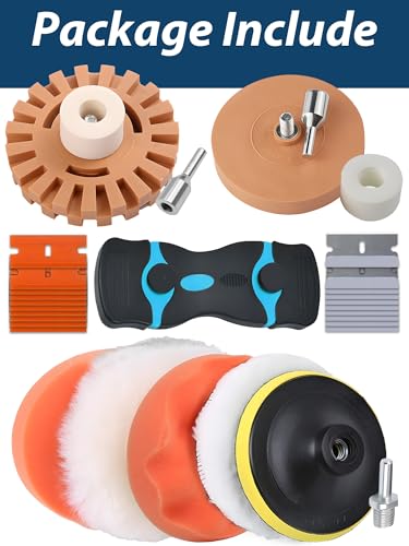 Rubber Eraser Wheel,Decal Sticker Remover Tool Kit with Drill Adapter,Vinyl Adhesive Removal Tool,Razor Blade Scraper,Polishing Pad Wool Buffing Pad