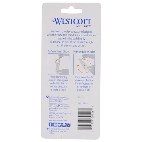 Westcott 00516 Safety Compass for Geometry, Drafting, Classrooms, Crafters and Artists, Shatterproof, Translucent Drawing Compass Creates Perfect Circles from 1/4-Inch to 10 Inches - size: Safety Compass