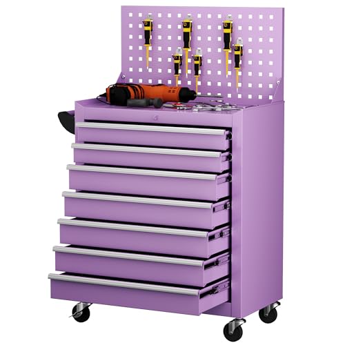 Oakcloud Lockable 7-Drawer Rolling Tool Chest with Pegboard and Black Liner – Heavy-Duty Steel Garage Tool Box on Wheels – Mobile Storage Cart with Side Handle & Utility Hooks, Purple - color: Purple, size: 7-Drawer