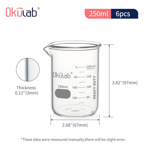 6pcs of 250mL Glass Beaker, Low Form, Graduated 3.3 Borosilicate Glass Beaker Set for Lab, Classroom, Craft, Kitchen,BKLG250B6 - style: Vol.250ml, Case of 6