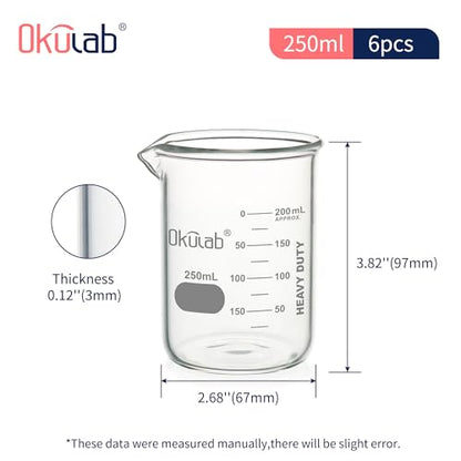 6pcs of 250mL Glass Beaker, Low Form, Graduated 3.3 Borosilicate Glass Beaker Set for Lab, Classroom, Craft, Kitchen,BKLG250B6 - style: Vol.250ml, Case of 6