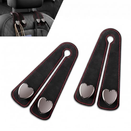 2 PCS Car Seat Headrest Hooks, Suede Multifunctional Storage Hanger for Bag & Phone & Umbrella, Load-bearing Metal Heart-shaped Double Hook, Universal Back Seat Organizer for Cars (Black)
