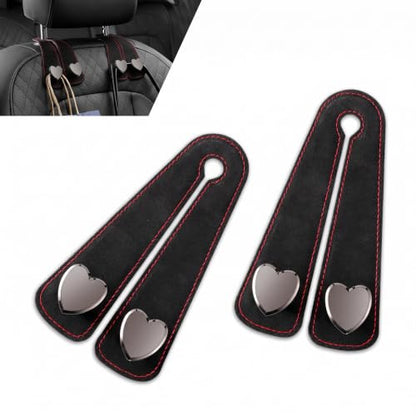 2 PCS Car Seat Headrest Hooks, Suede Multifunctional Storage Hanger for Bag & Phone & Umbrella, Load-bearing Metal Heart-shaped Double Hook, Universal Back Seat Organizer for Cars (Black)