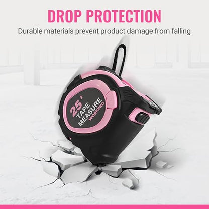 WORKPRO 25-FT Tape Measure with Fractions, 3 Brakes Retractable Measuring Tape, Compact Measurement Tape with Magnetic Hook, Nylon Coating Blade Accuracy 1/32”, Pink - size: 25-FT
