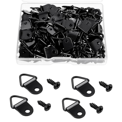 100 Pack Steel Picture Hangers with 100pcs 8mm Screws, Small Triangle Ring, Light Duty D Rings for Clock, Decoration, Mirror, Paintings, Artwork Picture Frame (Black) - color: Black