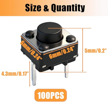 TWTADE 100Pcs Micro Momentary Tactile Push Button Switch 6x6x5mm 2 Pin Tact Switch Assortment Kit - color: Black-2 Pin/100Pcs