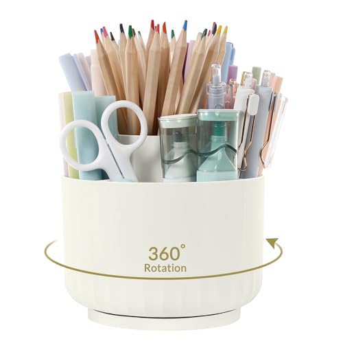SKYDUE 360 Degree Rotating Desk Organizer, Small Dual-Purpose Pencil Pen Holder for Desk, Rotating Pencil Cup with 5 Slots, Office Supplies, Desk Decor for Office, School, Home - color: Cream