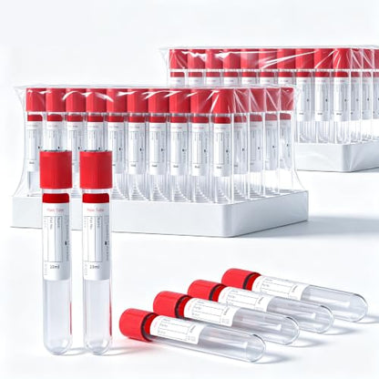 200 Pcs 10ml Plastic Test Tubes with Red Caps for Lab Use - color: Red-10ml-200