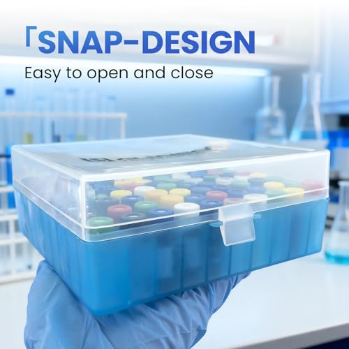 100 Well Microtube Storage Box, Blue Lockable Vial Holder Rack, 5 Pack