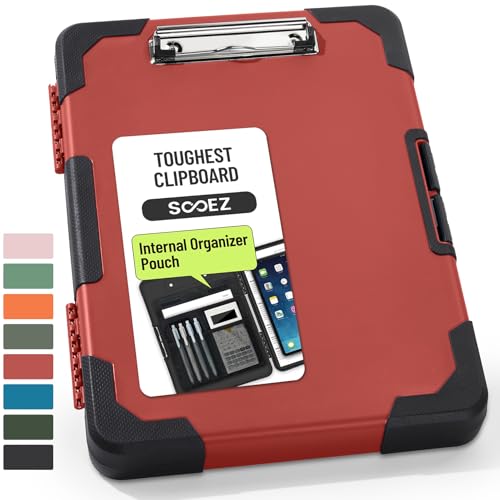 Sooez Toughest Clipboard with Storage, Internal Pen Pouch Included, Letter/ A4 Size, Shockproof Heavy Duty Plastic Clip Boards 8.5x11”, High Capacity Clipboards Box Case for Contractor Trucker Driver - color: Red With Black Corner