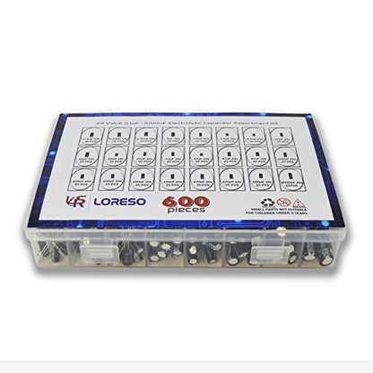 Electrolytic Capacitor Assortment Kit Box By Loreso 600pcs 24 Value - Electrolytic Capacitors 0.1uf to 1000uf 50V, for Aurdiono Hobby Electronics, Audio-Video Project Electronic Repair - style: Electrolytic Capacitors