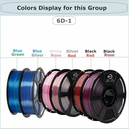 Dual Color Silk PLA 6KG 1.75mm 3D Printer Filament Bundles 6D-1 - color: Pla-(1kg*6 Dual Shiny Bluegreen+bluesilver+whiterose+silverred+blackred+blackrose)