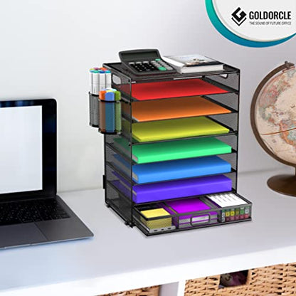 8 Tier Paper Letter Tray Organizer (Black-with Drawer,Pen Holders) - color: Black-with Drawer,pen Holders