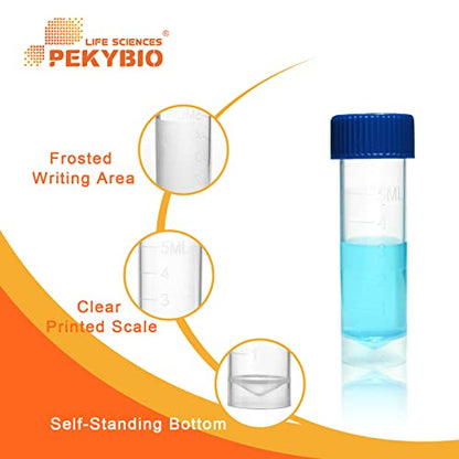 PEKYBIO Sterile Plastic Graduated Test Tubes 5ml Sample Storage Container with Screw Cap Self-Standing Lab Transport Tube, Case of 50 - size: 5ml 50Pcs